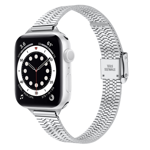 

14mm Seven-beads Double Safety Buckle Slim Steel Watch Band For Apple Watch Series 9&8&7 41mm / SE 3&SE 2&6&SE&5&4 40mm / 3&2&1 38mm(Silver)