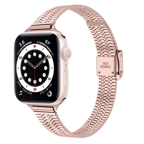 

14mm Seven-beads Double Safety Buckle Slim Steel Watch Band For Apple Watch Series 7 45mm / 6 & SE & 5 & 4 44mm / 3 & 2 & 1 42mm(Pink Gold)