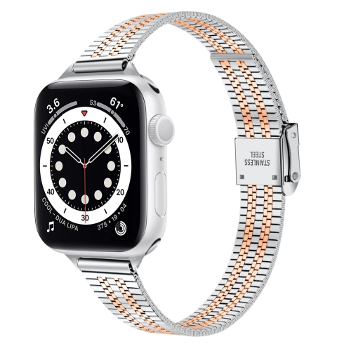 

14mm Seven-beads Double Safety Buckle Slim Steel Watch Band For Apple Watch Series 7 45mm / 6 & SE & 5 & 4 44mm / 3 & 2 & 1 42mm(Silver Gold)