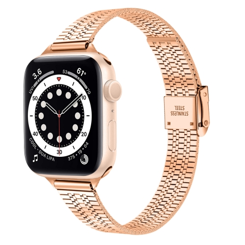 

14mm Seven-beads Double Safety Buckle Slim Steel Watch Band For Apple Watch Series 7 45mm / 6 & SE & 5 & 4 44mm / 3 & 2 & 1 42mm(Rose Gold)
