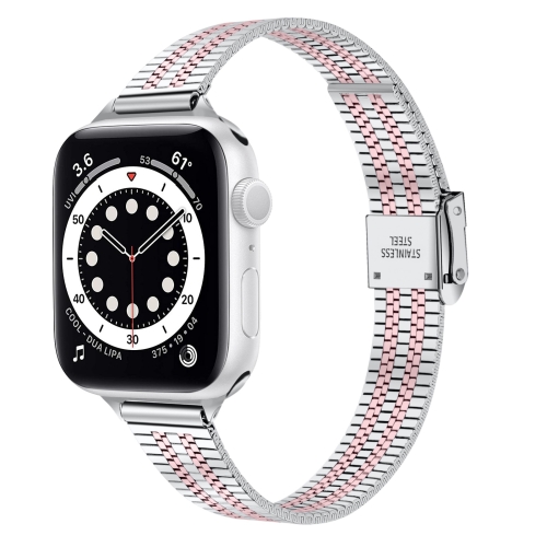 

14mm Seven-beads Double Safety Buckle Slim Steel Watch Band For Apple Watch Series 7 45mm / 6 & SE & 5 & 4 44mm / 3 & 2 & 1 42mm(Silver Pink)