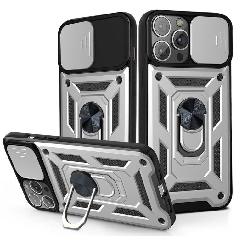 

Sliding Camera Cover Design TPU+PC Protective Case For iPhone 13(Silver)