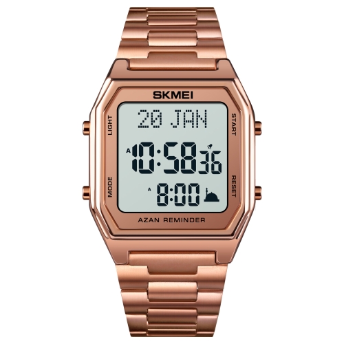 

SKMEI 1763 Qibla Calendar Timing Multifunctional LED Digital Display Stainless Steel Strap Luminous Electronic Watch(Rose Gold and White)