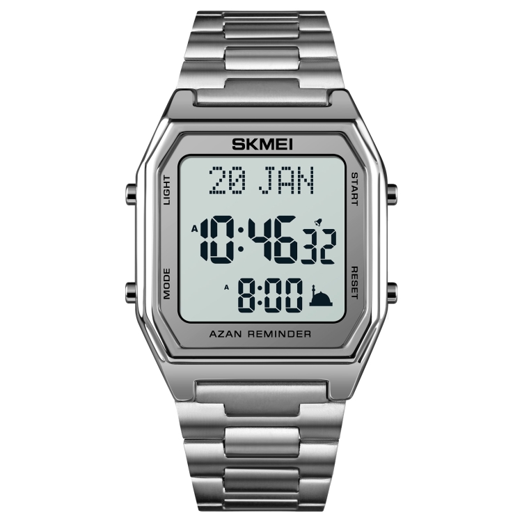 

SKMEI 1763 Qibla Calendar Timing Multifunctional LED Digital Display Stainless Steel Strap Luminous Electronic Watch(Silver and White)
