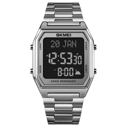 

SKMEI 1763 Qibla Calendar Timing Multifunctional LED Digital Display Stainless Steel Strap Luminous Electronic Watch(Silver and Black)