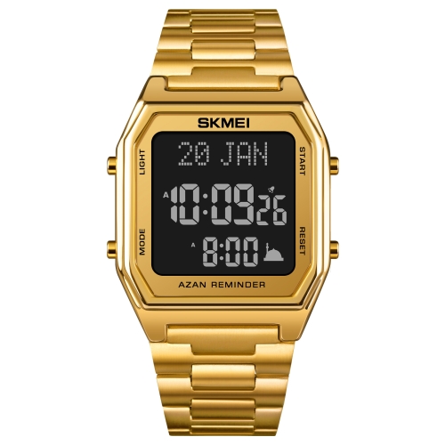 

SKMEI 1763 Qibla Calendar Timing Multifunctional LED Digital Display Stainless Steel Strap Luminous Electronic Watch(Gold and Black)