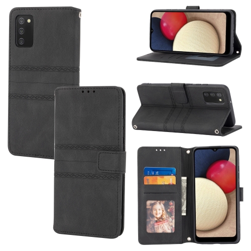 

For Samsung Galaxy A02s 164mm Embossed Striped Magnetic Buckle PU + TPU Horizontal Flip Leather Case with Holder & Card Slot & Wallet & Photo Frame & Sling(Black)