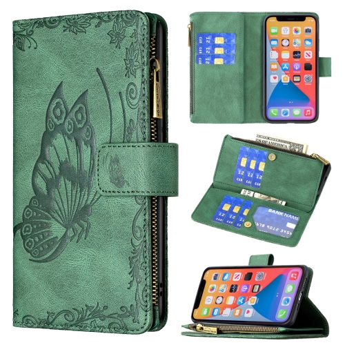 

Flying Butterfly Embossing Pattern Zipper Horizontal Flip Leather Case with Holder & Card Slots & Wallet For iPhone 13 Pro(Green)