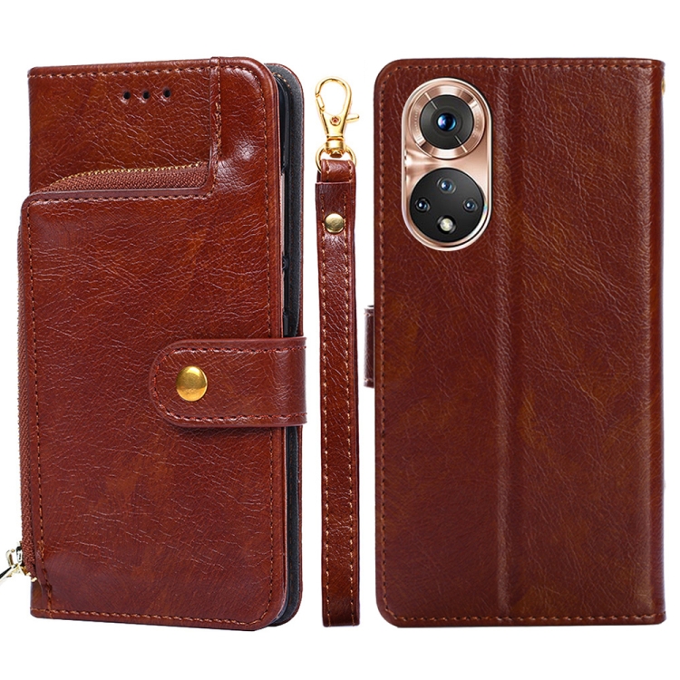 

For Honor 50 Zipper Bag PU + TPU Horizontal Flip Leather Case with Holder & Card Slot & Wallet & Lanyard(Brown)
