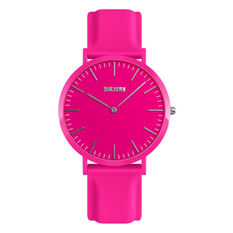 

SKMEI 1979 Pure Color Bar Scale Round Dial Silicone Strap Couple Quartz Watch(Rose Red Female)