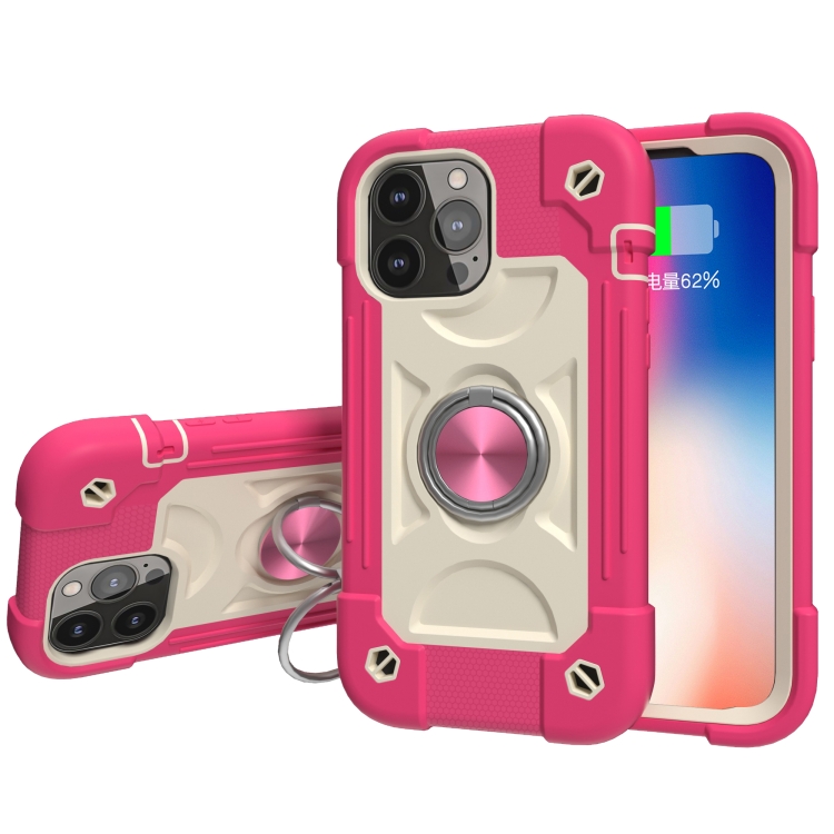 

Shockproof Silicone + PC Protective Case with Dual-Ring Holder For iPhone 13 Pro(Rose Red)