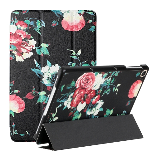 

For Huawei Enjoy Tablet 2 / MatePad T 10S / T10 Silk Texture Colored Drawing Pattern Horizontal Flip Magnetic PU Leather Case with Three-folding Holder(Black Peony)