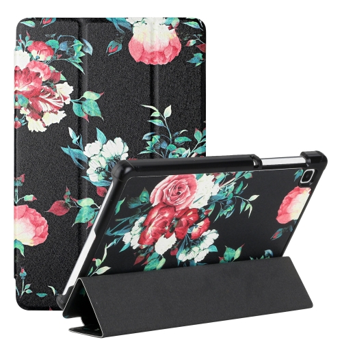 

For Samsung Galaxy Tab A7 Lite 8.7 T220/T225 Silk Texture Colored Drawing Pattern Horizontal Flip Magnetic PU Leather Case with Three-folding Holder(Black Peony)