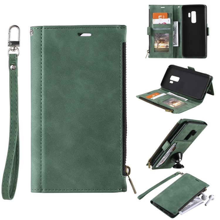

For Samsung Galaxy S9+ Side Zipper Back Card Horizontal Flip PU Leather Case with Card Slots & Wallet & Photo Frame & Lanyard(Green)