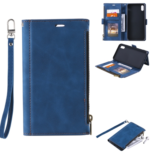 Side Zipper Back Card Horizontal Flip PU Leather Case with Card Slots & Wallet & Photo Frame & Lanyard For iPhone XS Max(Blue)