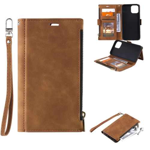 Side Zipper Back Card Horizontal Flip PU Leather Case with Card Slots & Wallet & Photo Frame & Lanyard For iPhone 13 Pro(Brown)