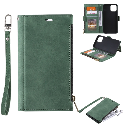 

Side Zipper Back Card Horizontal Flip PU Leather Case with Card Slots & Wallet & Photo Frame & Lanyard For iPhone 13 Pro(Green)