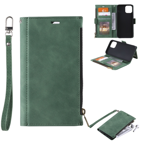 Side Zipper Back Card Horizontal Flip PU Leather Case with Card Slots & Wallet & Photo Frame & Lanyard For iPhone 11 Pro Max(Green)