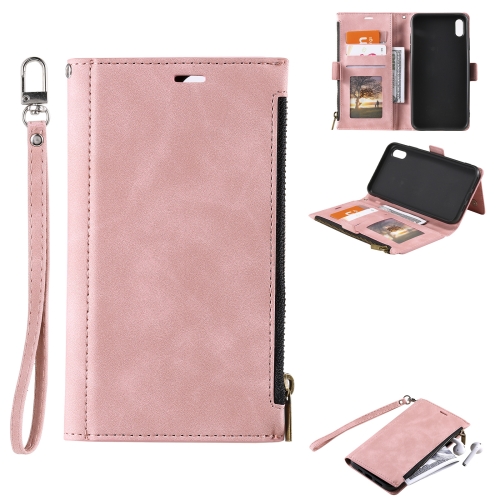 Side Zipper Back Card Horizontal Flip PU Leather Case with Card Slots & Wallet & Photo Frame & Lanyard For iPhone XS / X(Pink)