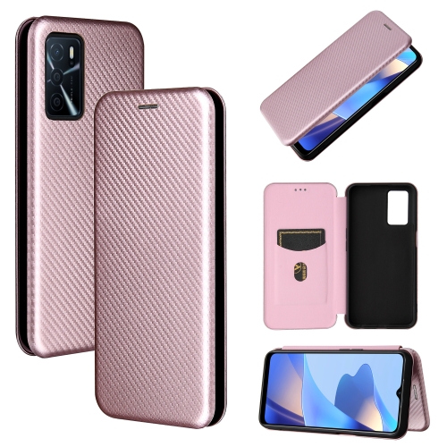 For OPPO A16 Carbon Fiber Texture Magnetic Horizontal Flip TPU + PC + PU Leather Case with Card Slot(Pink)