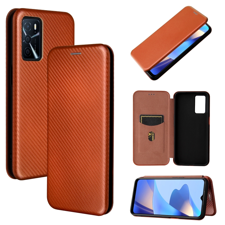 

For OPPO A16 Carbon Fiber Texture Magnetic Horizontal Flip TPU + PC + PU Leather Case with Card Slot(Brown)