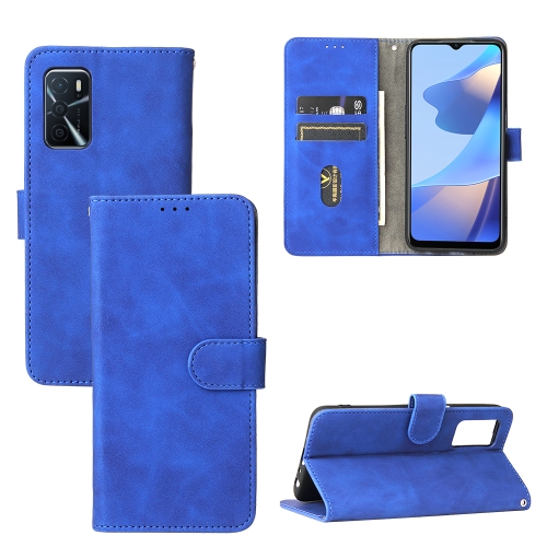 For OPPO A16 Solid Color Skin Feel Magnetic Buckle Horizontal Flip Calf Texture PU Leather Case with Holder & Card Slots & Wallet(Blue)