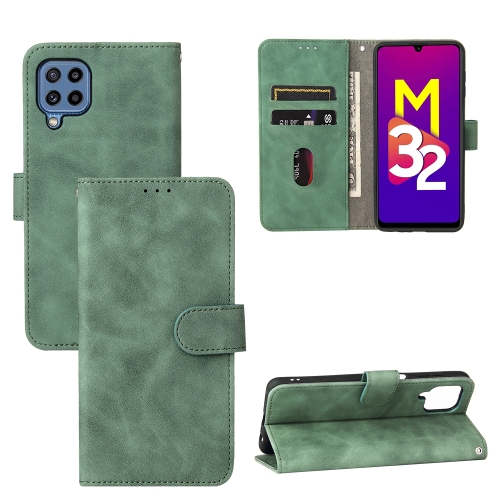 For Samsung Galaxy M32 (India) Solid Color Skin Feel Magnetic Buckle Horizontal Flip Calf Texture PU Leather Case with Holder & Card Slots & Wallet(Green)