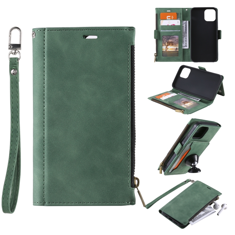 

For Samsung Galaxy A22 5G Side Zipper Back Card Horizontal Flip PU Leather Case with Card Slots & Wallet & Photo Frame & Lanyard(Green)