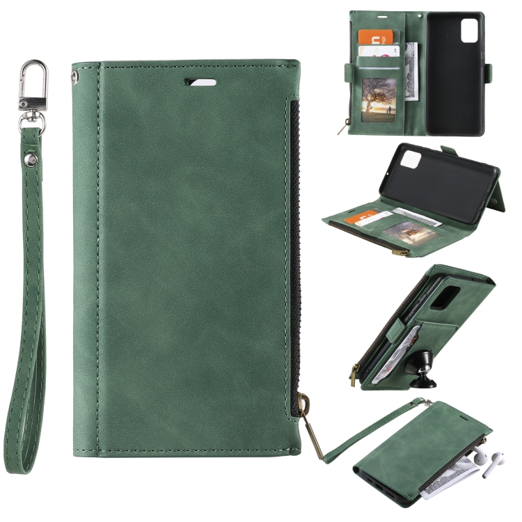 

For Samsung Galaxy A41 Side Zipper Back Card Horizontal Flip PU Leather Case with Card Slots & Wallet & Photo Frame & Lanyard(Green)
