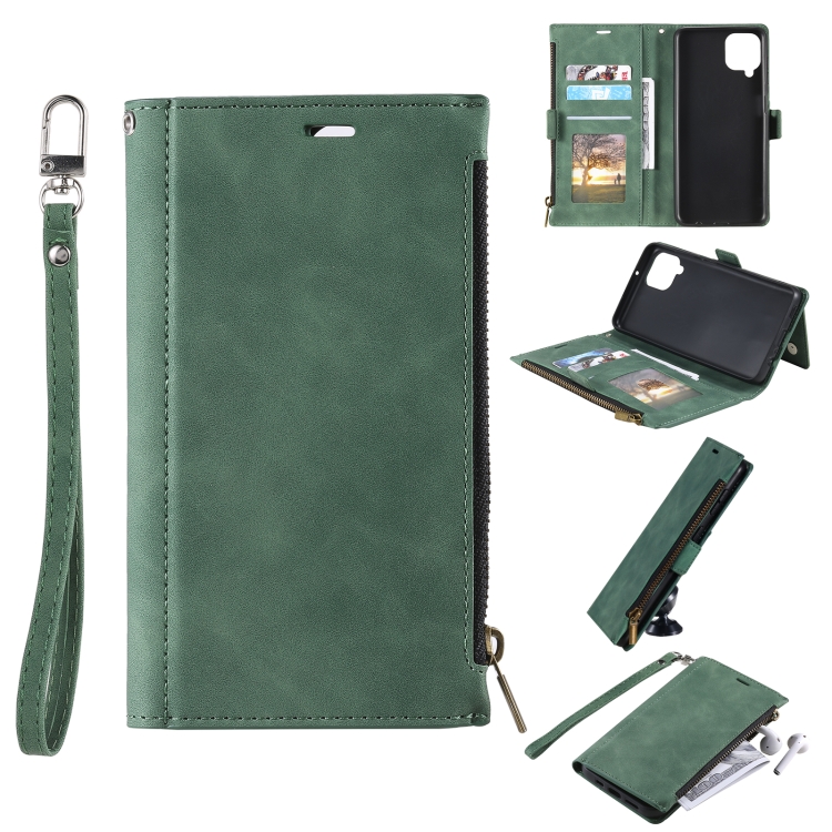 

For Samsung Galaxy A12 5G Side Zipper Back Card Horizontal Flip PU Leather Case with Card Slots & Wallet & Photo Frame & Lanyard(Green)