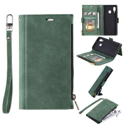 For Samsung Galaxy A40 Side Zipper Back Card Horizontal Flip PU Leather Case with Card Slots & Wallet & Photo Frame & Lanyard(Green)