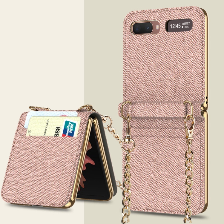 

For Samsung Galaxy Z Flip GKK Cross Texture Card Phone Folding Beauty Bag Leather Case(Rose Gold)