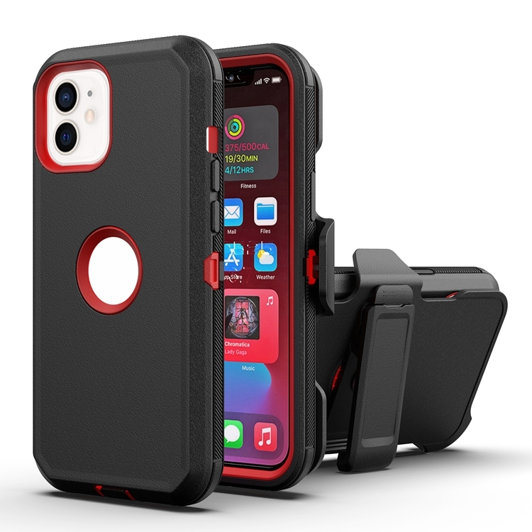 

Robot Shockproof Silicone + PC Protective Case with Back Clip Holder For iPhone 12 / 12 Pro(Black Red)