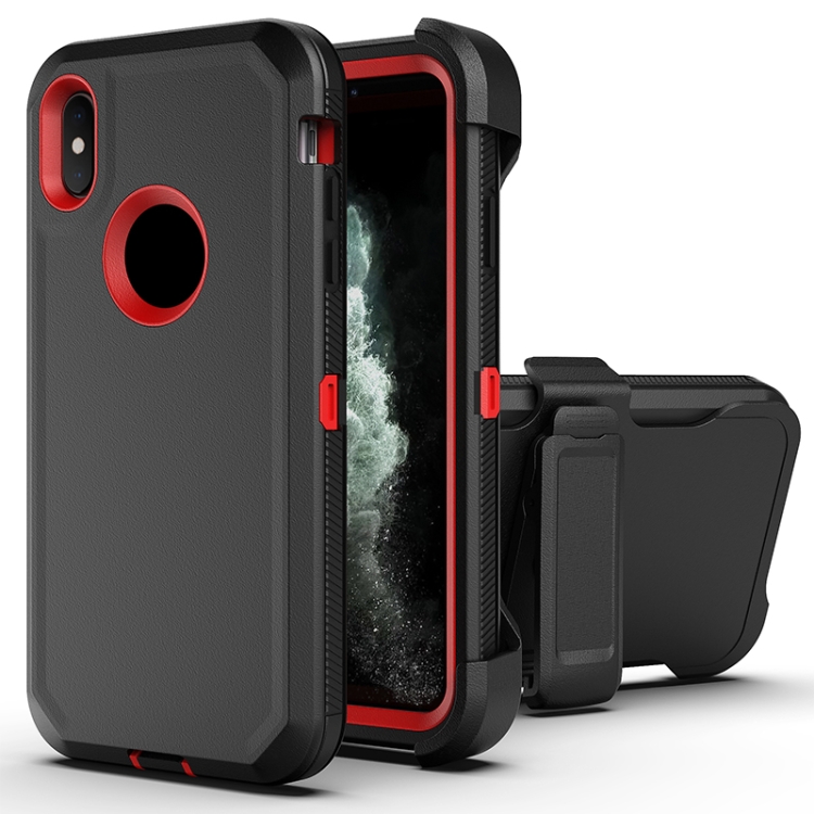 

Robot Shockproof Silicone + PC Protective Case with Back Clip Holder For iPhone XS / X(Black Red)