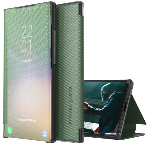 For Samsung Galaxy Note9 Carbon Fiber Texture View Time Horizontal Flip Leather Case with Holder & Touch Call Display ID(Green)