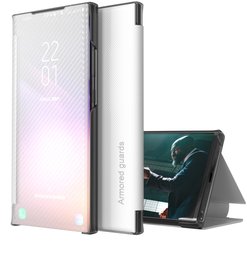

For Samsung Galaxy S10+ Carbon Fiber Texture View Time Horizontal Flip Leather Case with Holder & Touch Call Display ID(White)