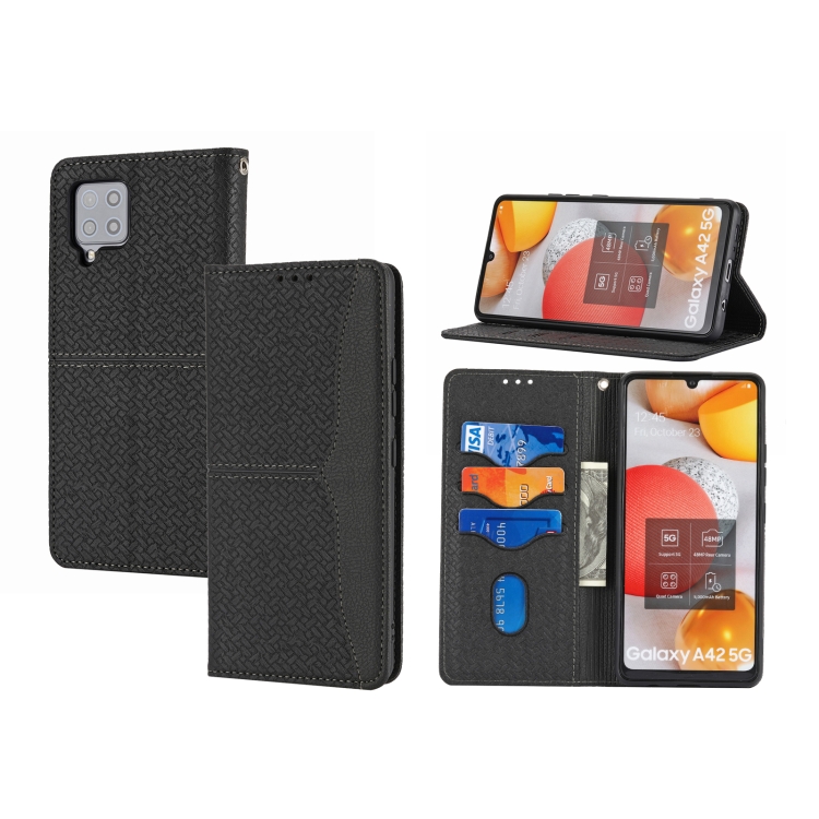 

For Samsung Galaxy A22 4G Woven Texture Stitching Magnetic Horizontal Flip PU Leather Case with Holder & Card Slots & Wallet & Lanyard(Black)
