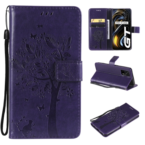 

Tree & Cat Pattern Pressed Printing Horizontal Flip PU Leather Case with Holder & Card Slots & Wallet & Lanyard For OPPO Realme GT 5G(Purple)