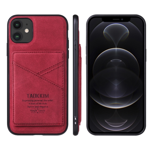 TAOKKIM Retro Matte PU Leather + PC + TPU Shockproof Back Cover Case with Holder & Card Slot For iPhone 13(Red)