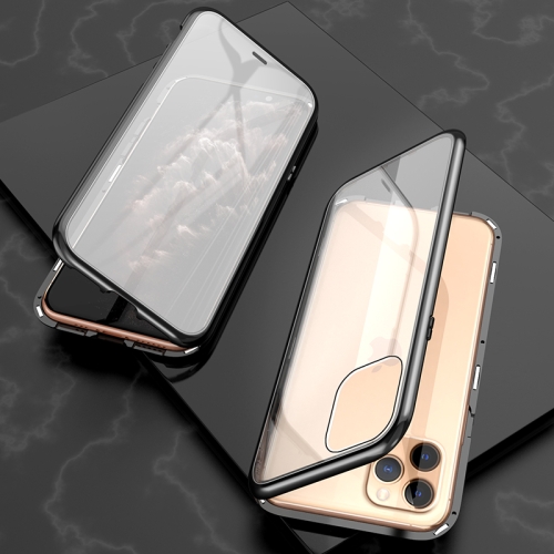 

For iPhone 11 Pro Max Ultra Slim Double Sides Magnetic Adsorption Angular Frame Tempered Glass Magnet Flip Case(Black)