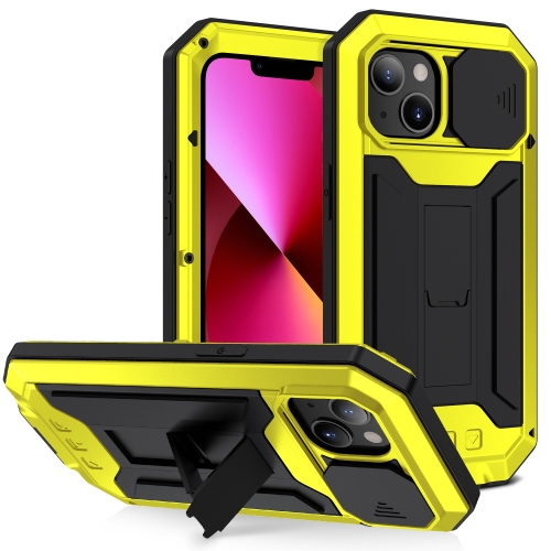 

For iPhone 13 R-JUST Sliding Camera Shockproof Life Waterproof Dust-proof Metal + Silicone Protective Case with Holder(Yellow)