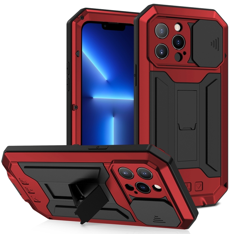 

For iPhone 13 Pro R-JUST Sliding Camera Shockproof Life Waterproof Dust-proof Metal + Silicone Protective Case with Holder (Red)