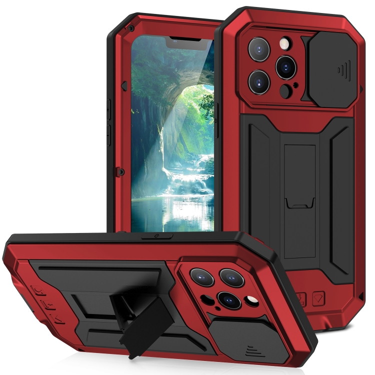 

For iPhone 13 Pro Max R-JUST Sliding Camera Shockproof Life Waterproof Dust-proof Metal + Silicone Protective Case with Holder (Red)