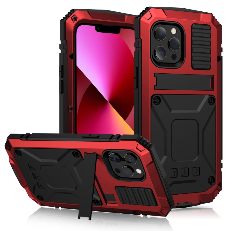 

For iPhone 13 R-JUST Shockproof Waterproof Dust-proof Metal + Silicone Protective Case with Holder(Red)