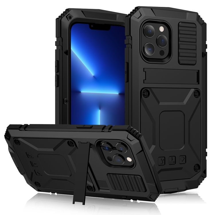 

R-JUST Shockproof Waterproof Dust-proof Metal + Silicone Protective Case with Holder For iPhone 13 Pro(Black)