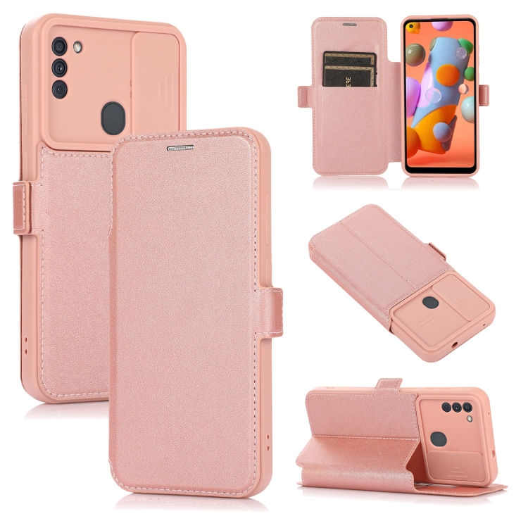 

Push Window Double Buckle PU + Silicone Horizontal Flip Leather Case with Holder & Card Slot For Samsung Galaxy A11(Rose Gold)
