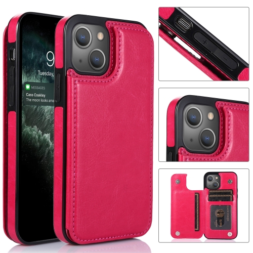 

Double Buckle Shockproof PU Protective Case with Card Slots & Holder For iPhone 13(Rose Red)