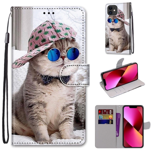 

For iPhone 13 Coloured Drawing Cross Texture Horizontal Flip PU Leather Case with Holder & Card Slots & Wallet & Lanyard(Slant Hat Blue Mirror Cat)