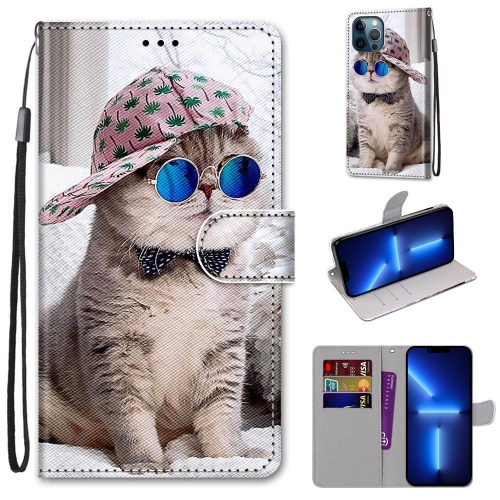 

Coloured Drawing Cross Texture Horizontal Flip PU Leather Case with Holder & Card Slots & Wallet & Lanyard For iPhone 13 Pro(Slant Hat Blue Mirror Cat)