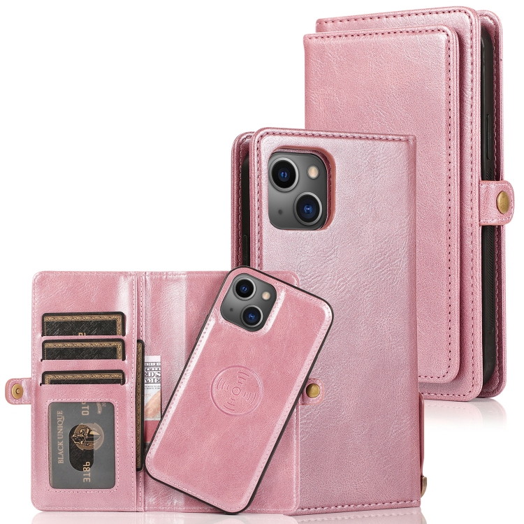 

Strong Magnetic Detachable Horizontal Flip Leather Case with Card Slots & Wallet For iPhone 13(Rose Gold)